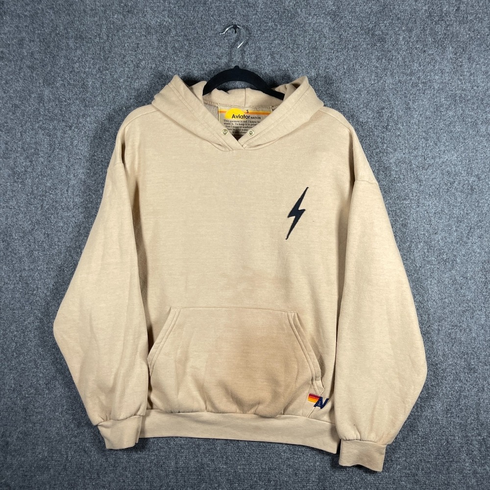 Aviator Nation Bolt Stitch Relaxed Pullover Hoodie Sand Khaki Womens Size Small